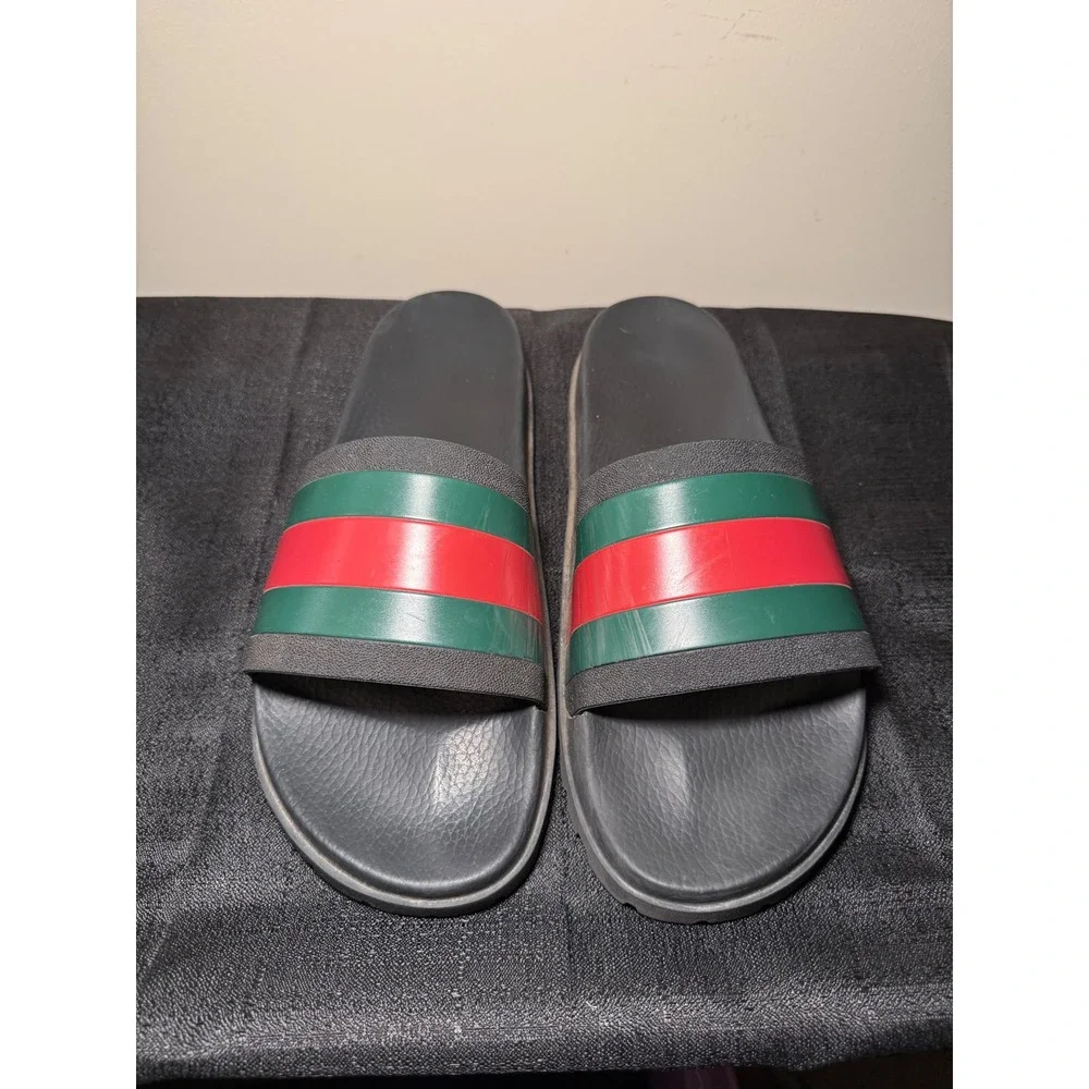 Gucci Mens Web Stripe Rubber Slide Sandals Black Lug Sole Made in Italy